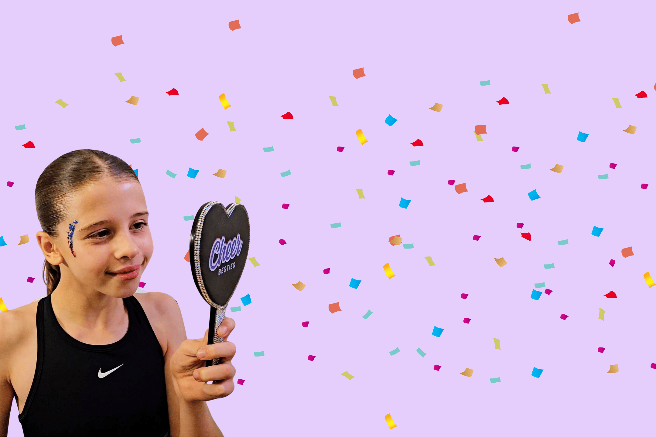 Young girl holding a heart-shaped mirror with 'Chloe' on it against a purple background with colorful confetti.